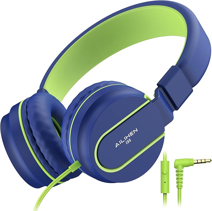 AILIHEN Kids Headphones, I35 On-Ear Headphones for School, Safe Volume 93dB, HD Mic Stereo Headphone for Kid Girls Boys, Foldable 3.5mm Wired for Chromebook, Laptop, Computer, Tablet (Blue Green)-CubbioJoy