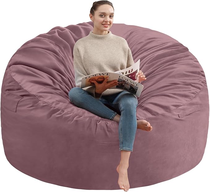6FT Bean Bag Chair, Large Bean Bag Chairs with Memory Foam Filled, Fluffy Beanbag Sofa with Dutch Velvet Cover, Round BeanBag Chairs for Living Room, Playroom - Dusty Pink-CubbioJoy