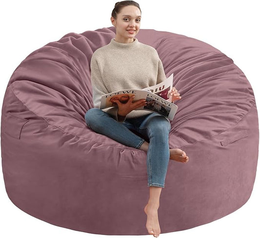 6FT Bean Bag Chair, Large Bean Bag Chairs with Memory Foam Filled, Fluffy Beanbag Sofa with Dutch Velvet Cover, Round BeanBag Chairs for Living Room, Playroom - Dusty Pink-CubbioJoy