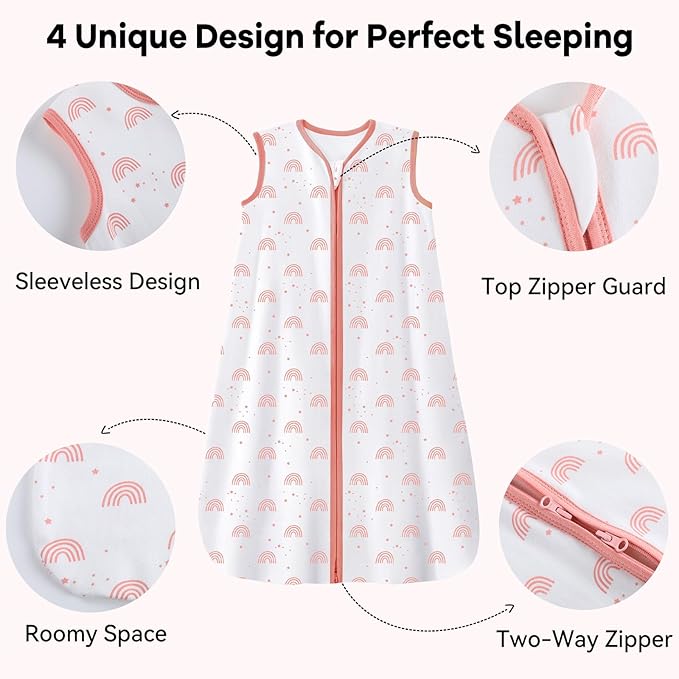 Baby Sleep Sack 18-24 Months 3 Pack 100% Cotton Lightweight 0.5 TOG Wearable Blanket Baby Sleep Bag with 2-Way Zipper for Infant Toddler Pink-CubbioJoy