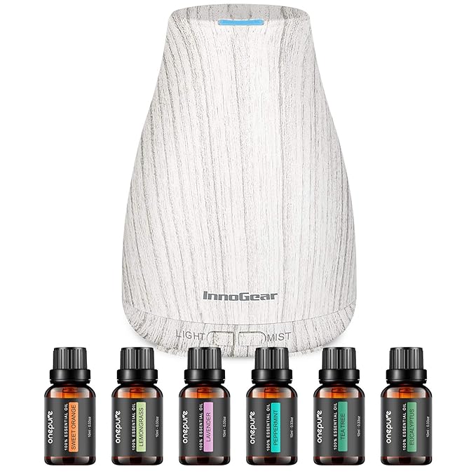 InnoGear Essential Oil Diffuser with Oils, 100ml Aromatherapy Diffuser with 6 Essential Oils Set, Aroma Cool Mist Humidifier Gift Set, Grey Wood Grain-CubbioJoy