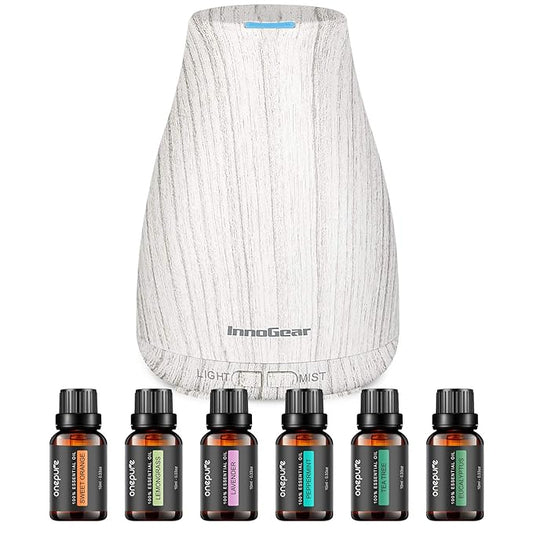 InnoGear Essential Oil Diffuser with Oils, 100ml Aromatherapy Diffuser with 6 Essential Oils Set, Aroma Cool Mist Humidifier Gift Set, Grey Wood Grain-CubbioJoy