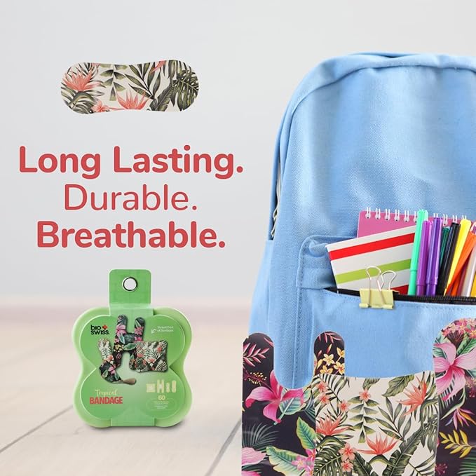 BioSwiss Bandages, Assorted Size Tropical Print Self Adhesive Bandage, Latex Free Sterile Wound Care, First Aid Kit Supplies for Kids and Adults, 60 Count-CubbioJoy