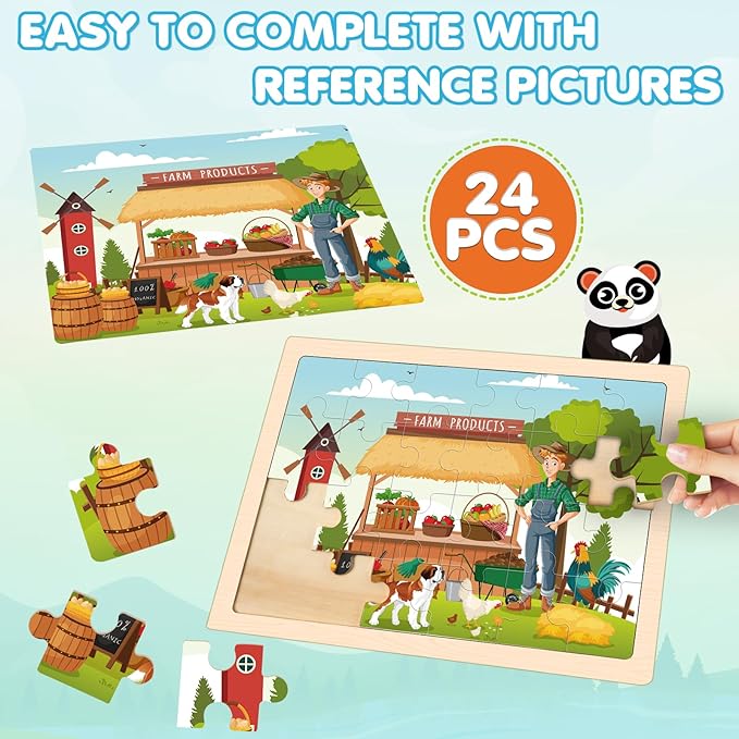 4-in-1 Farm Wooden Puzzles for Kids Ages 4-6, 24 PCS Wooden Jigsaw Puzzles for Toddlers Ages 2-4, Preschool Educational Puzzles Boards Toys Gifts for 3 4 5 6 Boys Girls-CubbioJoy