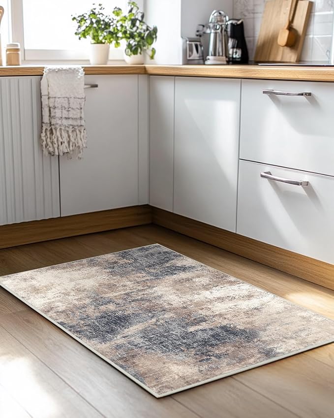 AMADA HOMEFURNISHING Washable Entry Rug, 2x3 Modern Abstract Rug with Short Pile and Non-Slip Backing, Small Rug with Abstract Pattern for Entryway, Kitchen and Living Room, Brown-CubbioJoy