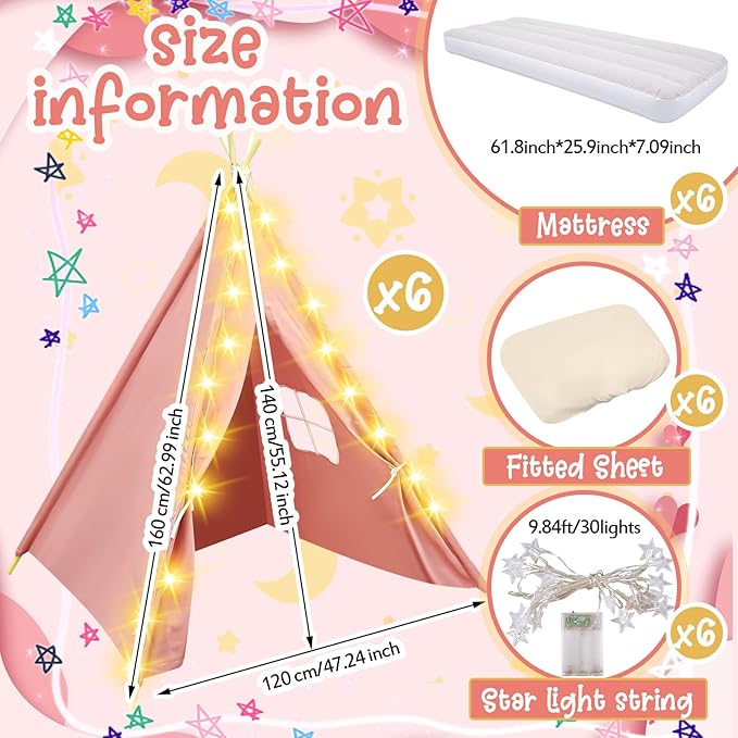 6 Pack Sleepovers Teepee Tent for Kids Bulk with Mattress Sheet Light,Natural Cotton Washable Indoor Play Tent for Birthday Slumber Party Girls Boys Pajama Movie Night Supplies(Pink)-CubbioJoy