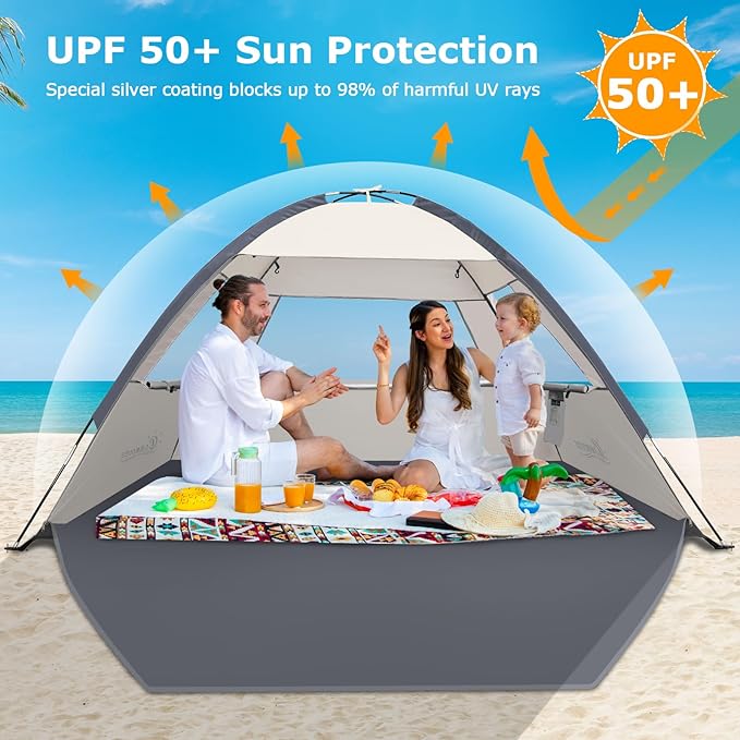 COMMOUDS Beach Tent Sun Shade for 3/4-5/6-7/8-10 Person, UPF 50+ Beach Sun Shelter Canopy Tent, Lightweight, Easy Set Up and Carry-CubbioJoy