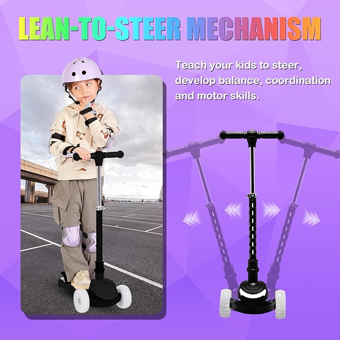 3-Wheel Light-Up Kids Scooter, 20 Different Light Patterns,Three Adjustable Heights,Lean to Steer, Balance Scooter for Ages 3-8-CubbioJoy