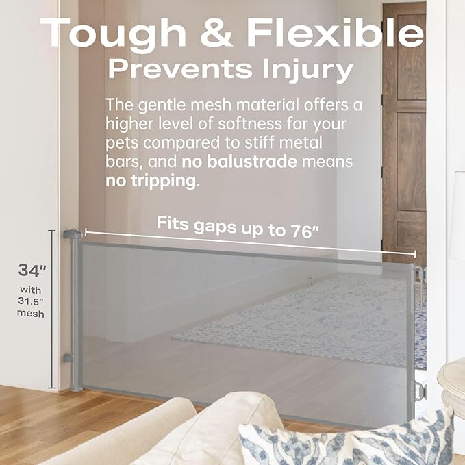 Cumbor 76" Wide Long Retractable Safety Gates for Stairs, Mesh Dog Gate for The House, 34" Tall Extra Wide Pet Gate for Dogs, Long Gates for Doorways, Hallways, Indoor/Outdoor(Gray)-CubbioJoy