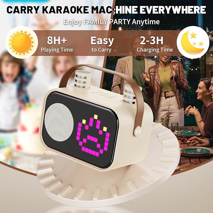 Karaoke Machine for Kids Adults, Portable Bluetooth Karaoke Speaker with 2 Wireless Microphones, Pixel Display Light, Birthday Gifts Toys for Girls & Boys Ages 3, 4, 5, 6, 7, 8, 9,10,11,12+ Years-CubbioJoy