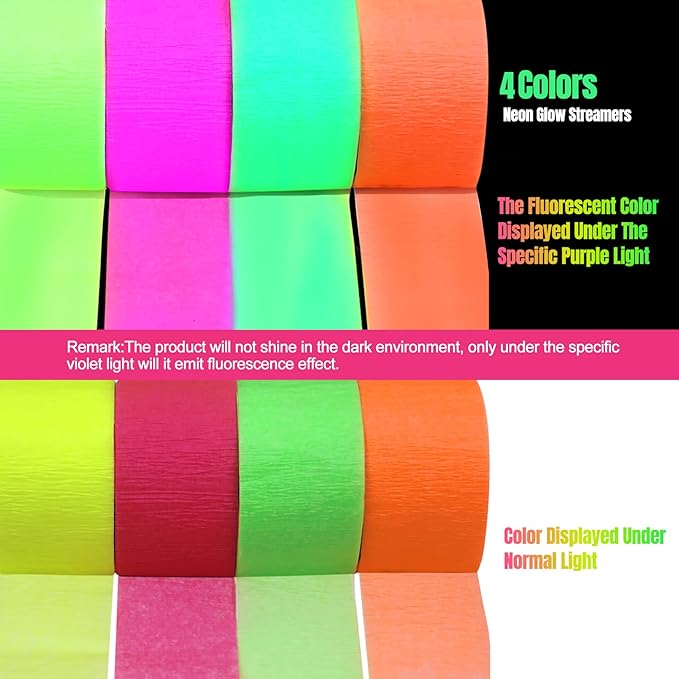 800Feets Neon Glow in The Dark Party Supplies - UV Reactive Fluorescent Crepe Paper Streamers for Wedding, Birthday, Fiesta Decorations-CubbioJoy