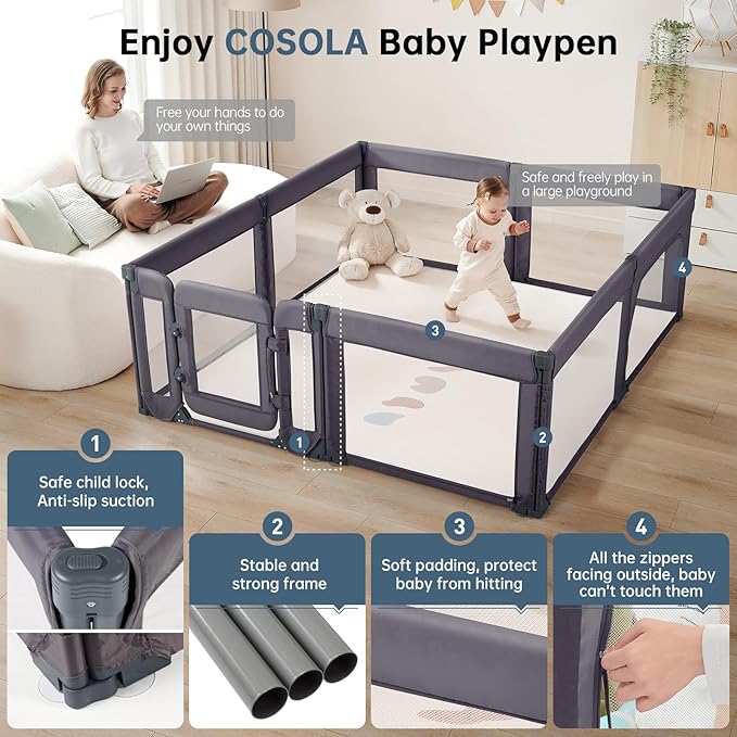 Baby Playpen,Large Play Pen for Babies and Toddlers with Door 79x71 Inch, Adjustable Playpen Non-Slip Suction Cups Base Safe and Sturdy, Indoor Outdoor Playard,Black-CubbioJoy