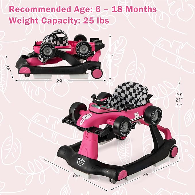 BABY JOY 4-in-1 Baby Walker, Foldable Activity Walker with Adjustable Height & Speed, Music, Lights, Steering Wheel, Comfy Seat Cushion, Activity Baby Push Walker for Boys Girls Aged 6 –18 (Pink)-CubbioJoy