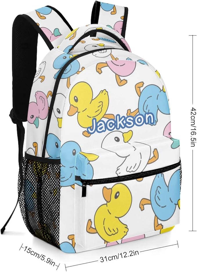 Duck Cartoon Doodle Custom Kids Backpack for Boy Girl, Personalized Waterproof Child School Travel Bag with Name, 16.5’’ X 12.2’’ X 5.9’’-CubbioJoy