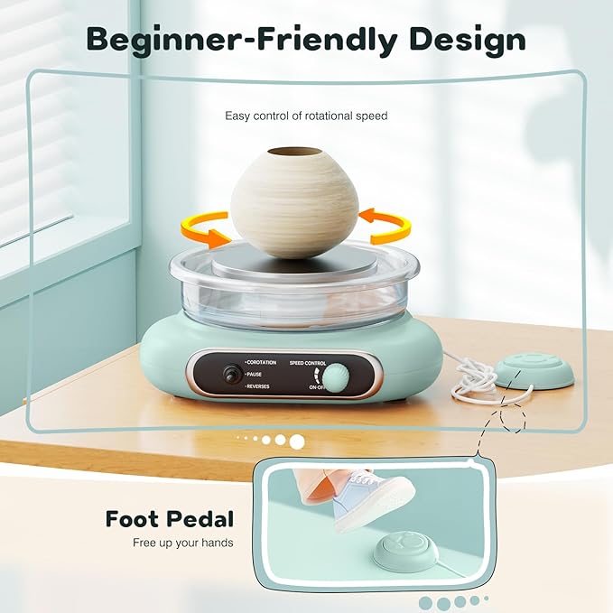 Alldeer Mini Pottery Wheel Kit - 4.7" Turntable Electric Clay Wheel with Foot Pedal, Adjustable Speed Ceramic Making Machine with 8 Pottery Shaping Tools, Craft Kits for Kids-CubbioJoy