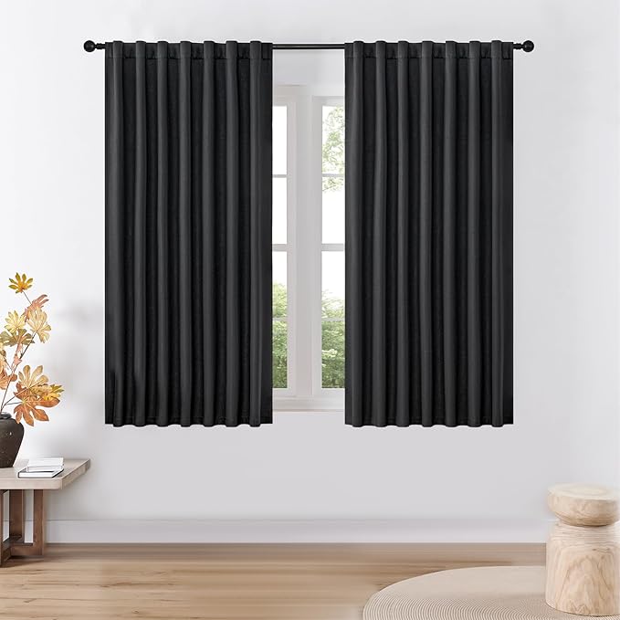 Joydeco Faux Linen Blackout Curtains for Bedroom,Black Blackout Curtains 72 inches Long,100% Blackout Solid Thermal Insulated Window Drapes Luxury Decor for Living Room（W52xL72 Inch,Black）-CubbioJoy