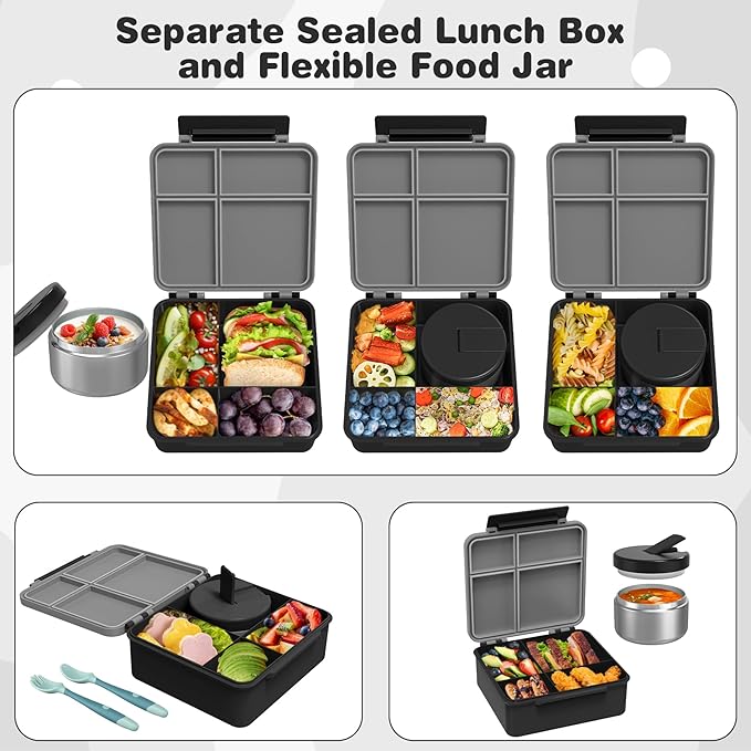 Bento Lunch Box with 8oz Soup Thermo, Kids Leakproof Lunch Food Containers with 4 Compartment, Kids Thermo Insulated Hot Food Jar for School, Trvael (Grey)-CubbioJoy