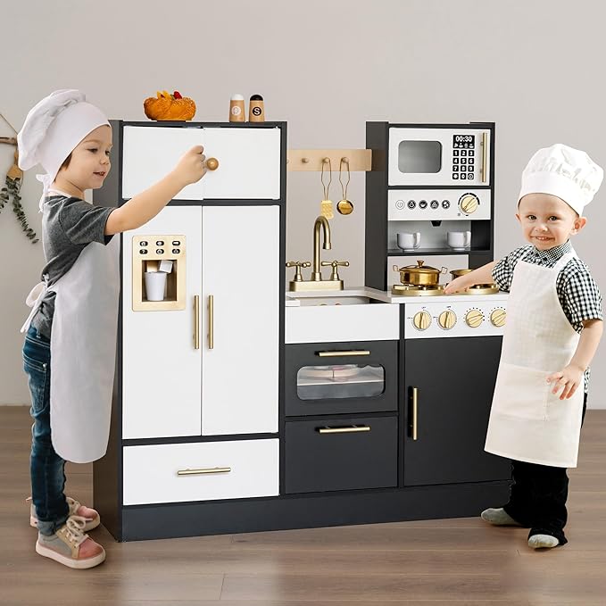 Interactive Wooden Play Kitchen for Kids 3+ Realistic Stove Sounds & Ice Maker Pretend Playset with 12 Kitchen Accessories Montessori Toy-CubbioJoy