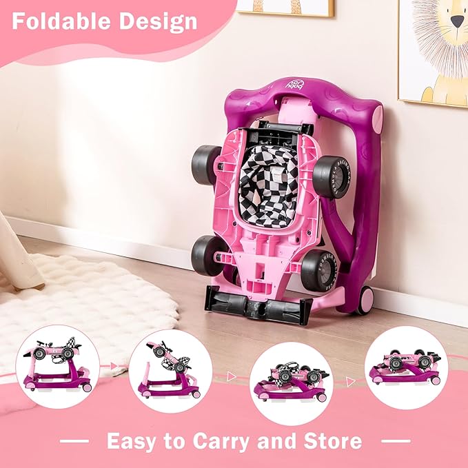 BABY JOY 4-in-1 Baby Walker, Foldable Activity Walker with Adjustable Height & Speed, Music, Lights, Steering Wheel, Comfy Seat Cushion, Activity Baby Push Walker for Boys Girls Aged 6 –18 (Purple)-CubbioJoy