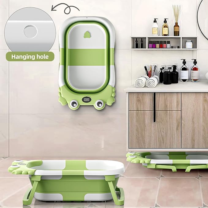 Collapsible Baby Bathtub for Newborns to Toddler with Real-time Temp Monitor & Floating Cushion,Portable Travel Tub for 0-36 Month, Foldable Baby Bath Tub for Infants(Green)-CubbioJoy