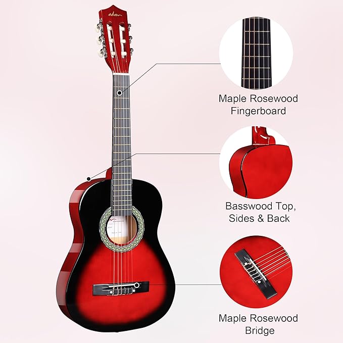 ADM Beginner Acoustic Classical Guitar Nylon Strings Wooden Guitar Bundle Kit for Kid Boy Girl Student Youth Guitarra Online Lessons with Gig Bag, Strap, Tuner, Strings, Picks (34 Inch, Redburst)-CubbioJoy