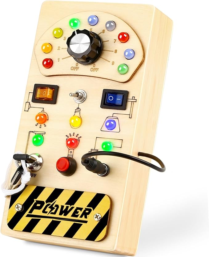 Joyreal Toddler Busy Board, Wooden Montessori Busy Board Sensory Board with LED Light Switch, Sensory Toys Baby Fidget Board Travel Toys for Toddler-CubbioJoy