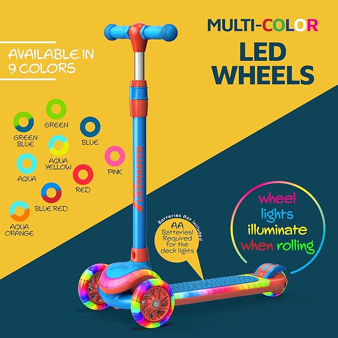 3-Wheel Kids Scooter with Multi-Color Lights on Deck & Wheels – 5-Height Adjustable Handlebar, Wide Anti-Slip Deck, Child Safety Certified, Boys & Girls Ages 3+ Supports Up to 150 lbs-CubbioJoy