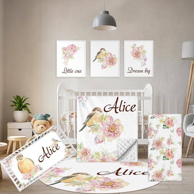 Custom Baby Bedding Set - 5 Pcs Customized Nursery Bedding Set with Name - Comfortable Double Layer Crib Sets for Girls Boys - Personalized Gifts for Infants Toddlers New Parents - Floral Bird-CubbioJoy