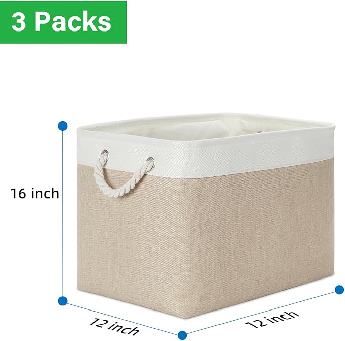 Bidtakay Large Storage Baskets for Organizing Fabric Closet Organizers Storage Bins with Handles 3-Pack 16x11.8x11.8 Inch Collapsible Baskets for Shelves Clothes Home Organization L-White&Beige-CubbioJoy
