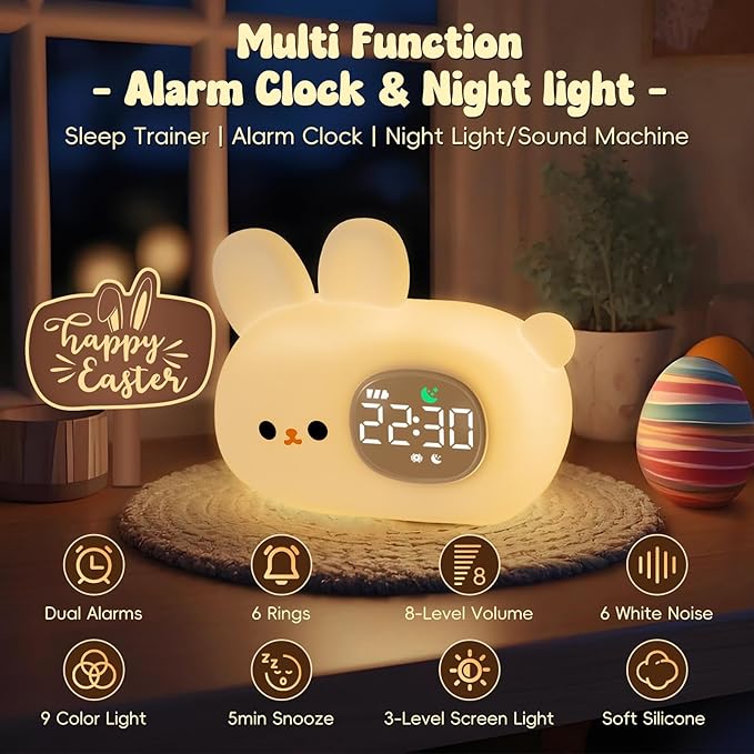 Bunny Alarm Clock with Night Light for Kids with Sleep Training and Sound Machine, Rechargeable Silicone Lamp OK to Wake Clock，Cute Animal Tabletop Lamp, Perfect Sleep Companion for Boys Girls-CubbioJoy