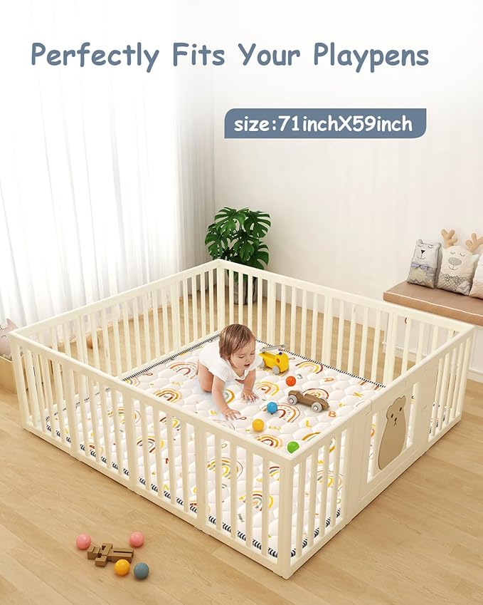 Boho Rainbow Baby Play Mat 71" X 59" Playpen Mat Thicken One-Piece Crawling Mat Non-Slip Cushioned Baby Floor Mat Letter Playmats for Babies Toddlers Infants Tummy Time Activity (71X59,Beige)-CubbioJoy