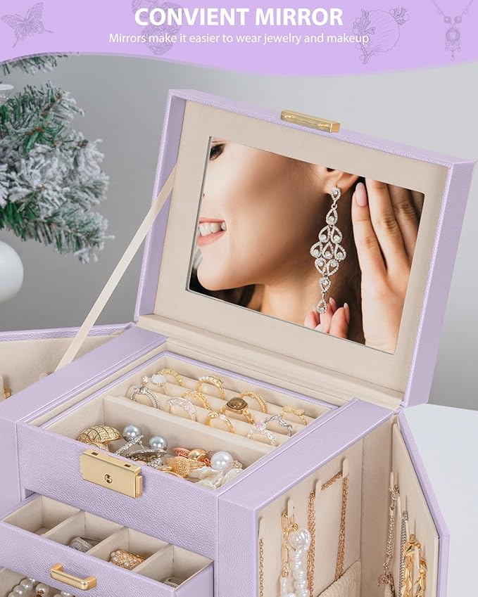 AKOZLIN 4-Tier Jewelry Box Leather Jewelry Storage Organizer with 3 Drawers Lockable for Women Girls Ring Necklace Earring Bracelet Holder with Mirror Purple-CubbioJoy