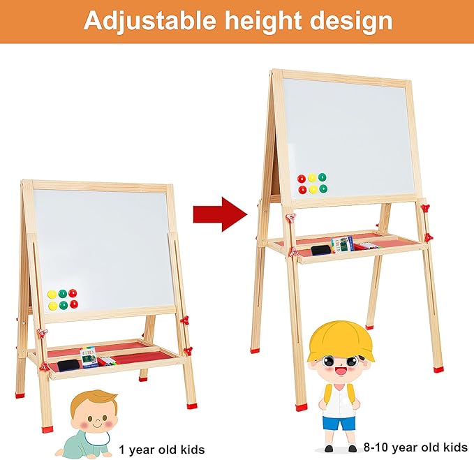 Adjustable Wooden Easel for Kids, Foldable Standing Art Easel for 3, 4, 5, 6, 7, 8 Years Old with Accessories, Drawing Painting Gifts for Boys & Girls Toddlers, Great Presents for Birthday-CubbioJoy