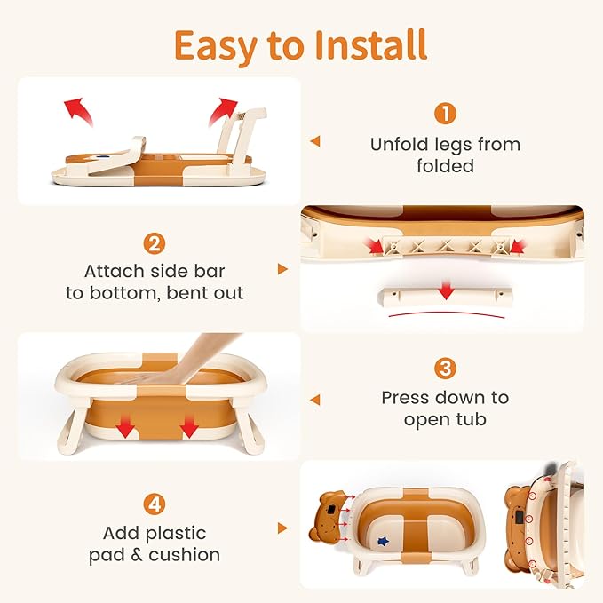 Collapsible Baby Bathtub with Soft Towel and Floating Cushion, Infant Bathtub for Newborn to Toddler (0-18 Month), Portable Baby Bath Tub for Travel (Brown Bear)-CubbioJoy