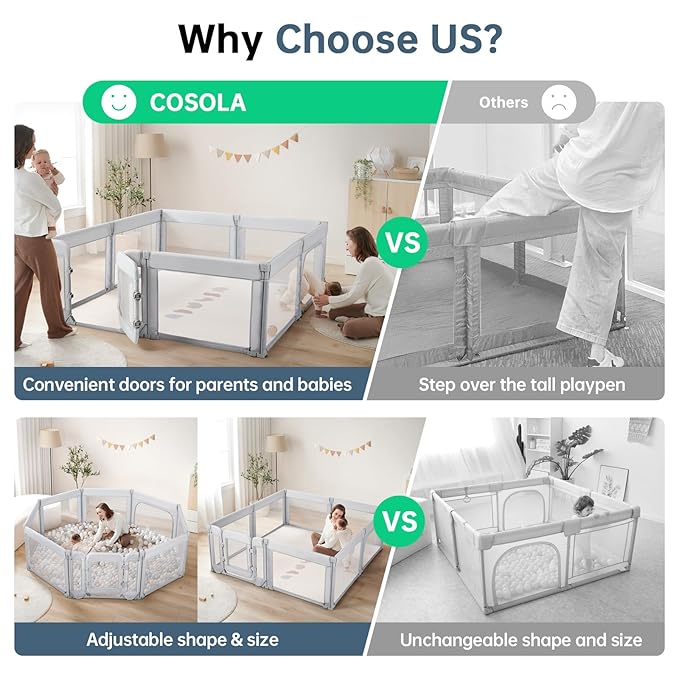 Baby Playpen,Large Play Pen for Babies and Toddlers with Door 79x71 Inch, Adjustable Playpen Non-Slip Suction Cups Base Safe and Sturdy, Indoor Outdoor Playard,Black-CubbioJoy