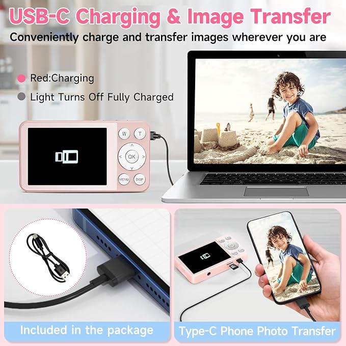 Digital Camera, Autofocus 4K 64MP Point and Shoot Digital Cameras for Teens with 64GB Card, 18X Zoom Anti-Shake Compact Video Camera for Student Kids Boys Girls Beginner - Pink-CubbioJoy