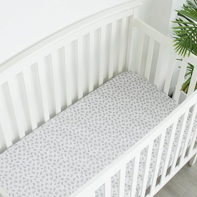 Crib Sheets 4 Pack for Baby Boys & Girls, Neutral Crib Sheet Fitted 52'' x 28'' for Standard Crib & Toddler Mattress, Ultra Soft Material Baby Sheet, Grey Leaf-CubbioJoy