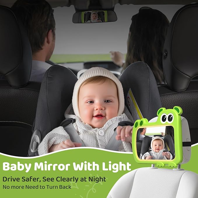 2-in-1 Baby Car Mirror with Lights & Soft Sounds, Cry Detector, Clear Night View, 360° Rotation, Shatterproof, Rear Facing Baby Car Seat Mirror with Remote Control, Perfect Baby Shower Gifts (Green)-CubbioJoy