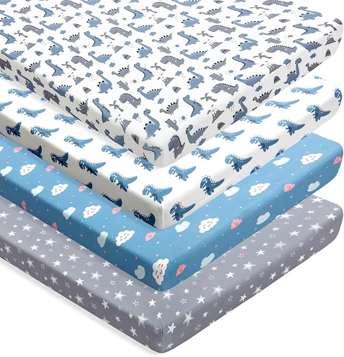 4 Pack Soft Baby Boy Sheets Dinosaur Star Cloud Soft Polyester Neutral Unisex Fitted Sheets Set for Baby Boys-CubbioJoy
