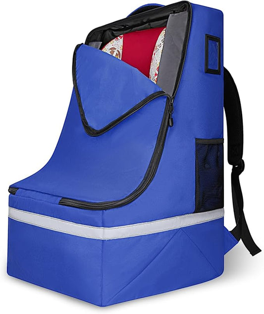 Car Seat Travel Bag for Airplane, Infant Seat Carrier with Shoulder Strap, Padded Backpack with Reflective Stripes, Blue-CubbioJoy