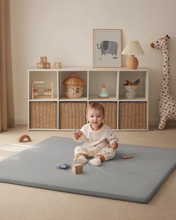 Blissful Diary Vegan Leather Baby Play Mat, 50x50 Thicken Foam Cushioned & Waterproof Playpen Mat for Infants and Toddlers, Stylish and Just Wipe-Clean Playmat for Baby Play on Floor, Light Gray-CubbioJoy