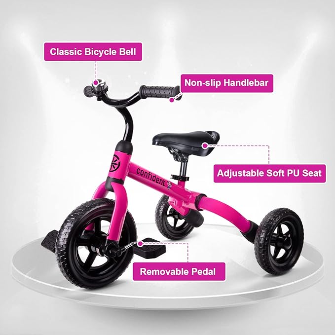 Ancaixin 3 in 1 Toddler Tricycles for 2-5 Years Old Girls and Boys with Adjustable Seat Detachable Pedal and Bell | Foldable Baby Balance Bike Riding Toys | Kids Birthday Christmas New Year Gift Pink-CubbioJoy