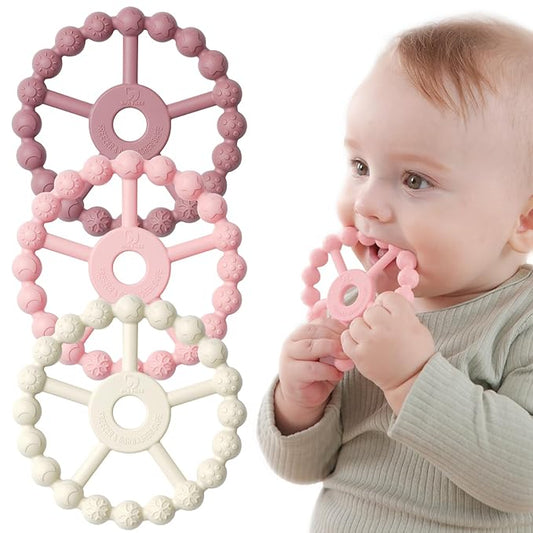 3 Pack Ring Teether Baby Infant Toys, Baby Essentials, Silicone Teething Ring Toys for Babies 0-6 Months, Seposeve Toddler Teethers 6-12 Months 12-24 Months, Infant Teething Relief, Purple Pink White-CubbioJoy