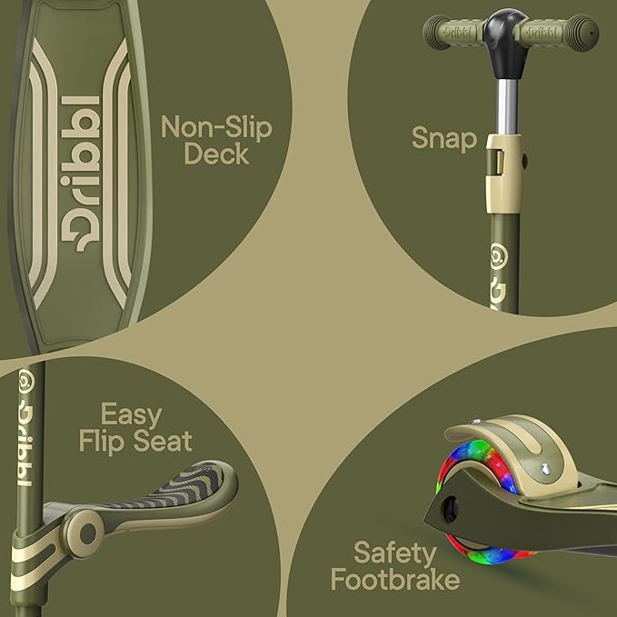 Army 3 Wheel Scooter with Seat for Kids – Light-Up LED Wheels, Adjustable Handlebar and Seat, Smooth PU Wheels, Wide Anti-Slip Deck, Rear Foot Brake – Toddler Outdoor Toys for Ages 2+-CubbioJoy