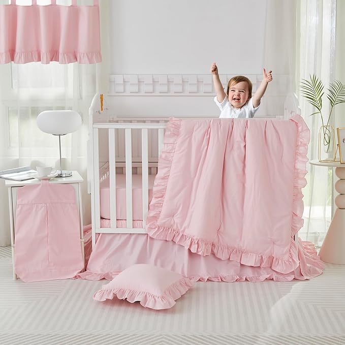 Brandream Farmhouse Crib Bedding Sets for Girls and Boys | 3 Piece Nursery Set Pink Ruffles | Baby Comforter, Fitted Crib Sheet, Crib Skirt Included,100% Cotton Percale-CubbioJoy