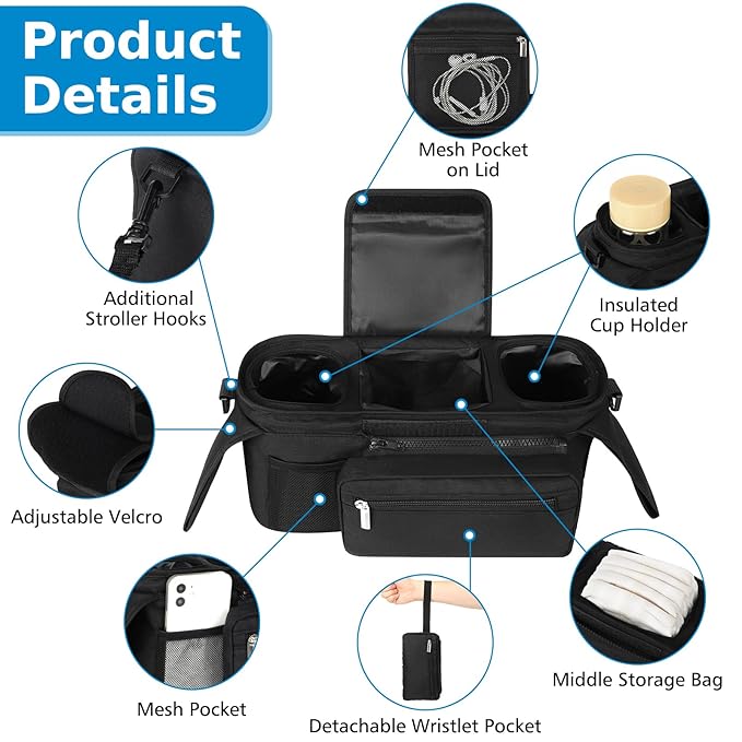 Accmor Universal Stroller Organizer with Insulated Cup Holder Detachable Phone Bag and Shoulder Strap,Stroller Bag Caddy Organizer Fits for Uppababy, Baby Jogger, Britax Strollers-CubbioJoy
