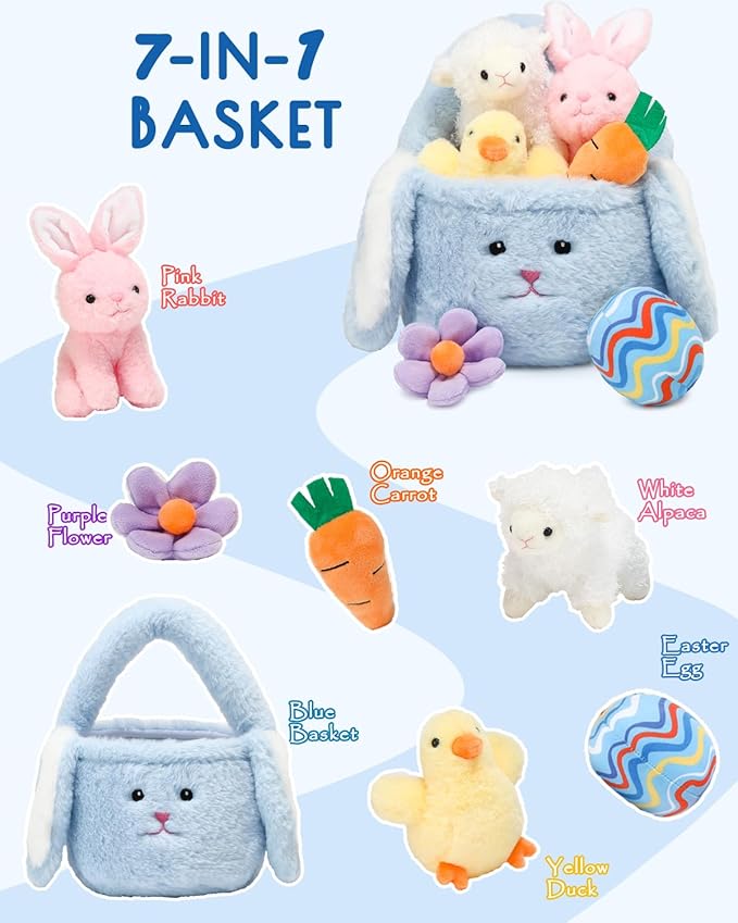 7 Piece Plush Stuffed Animals Playset Toys with Rabbit, Chick, Lamb, Carrot, Egg, Flower, Furry Bag, Soft Basket Set Toys for Girls Kids Ages 3+, Birthday Christmas Valentines Easter Party Favors-CubbioJoy