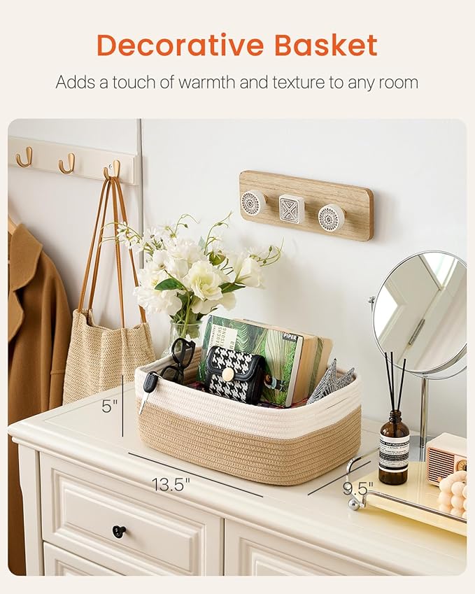 KALLAX Small Woven Basket, 13.5 x 9.5 x 5 Inches, Storage Basket for Organizing, Cute Small Rope Shelf Closet Cube Storage Bins Baskets for Shelves, Dog Toy Gift Baskets Empty, 3 Pack White & Brown-CubbioJoy