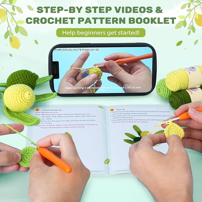 Crochetta Crochet Kit for Beginners, Crochet Kit w Step-by-Step Video Tutorials, Crochet Starter Kit Learn to Crochet Kits for Adults Kids Beginners, 3 Lemons Familly (40%+ Yarn Content)-CubbioJoy