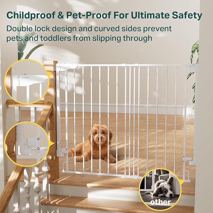 Cumbor 34" Extra Tall No Bottom Bar Baby Gate for Stairs, Auto Close Dog Gate Indoor for Larger Pets, 29.2-43" Hardware Mounted Safety Gate for Doorways, Wide Walk Thru Door for Easy Access (White)-CubbioJoy
